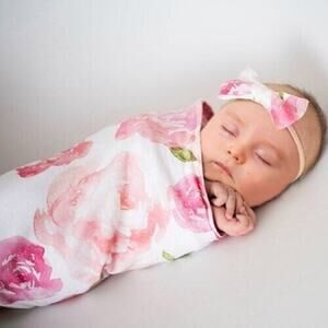 PATPAT Newborn Swaddler Wrap Baby Girl Rose Pattern with Matching Headband/Bow